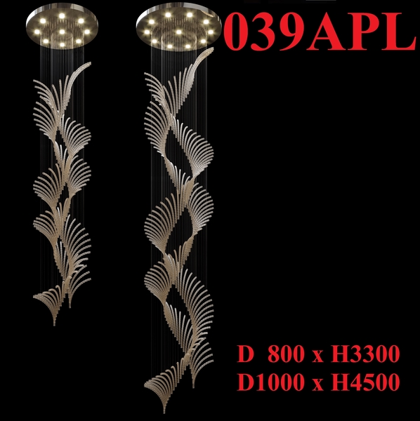Bộ đèn chùm ống thủy tinh cong PL039.A, mâm hình tròn inox gương trắng, 290 ống thủy tinh hổ phách, có điều khiển xa, đèn dimmer COB 3 màu max 91W min 13W, KT(mm): D1000*H7500